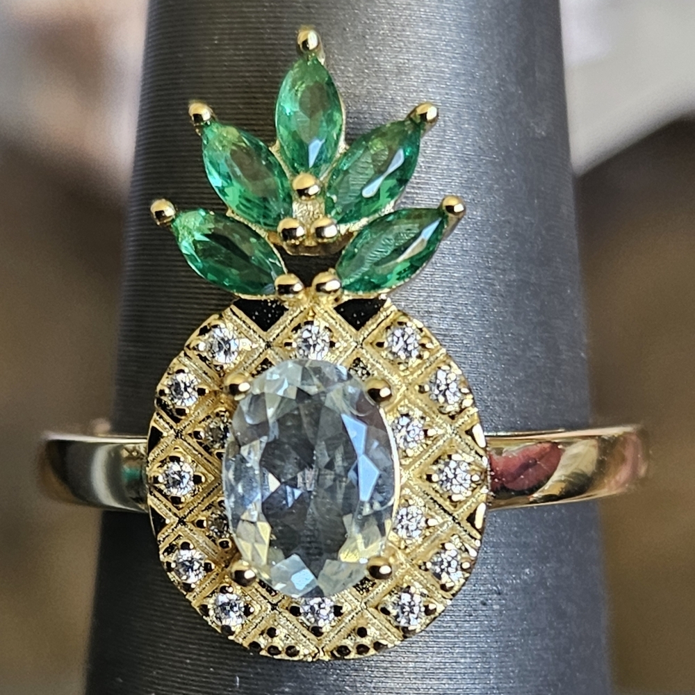 Oval Aquamarine Pineapple Ring Yellow Gold over 925 Silver